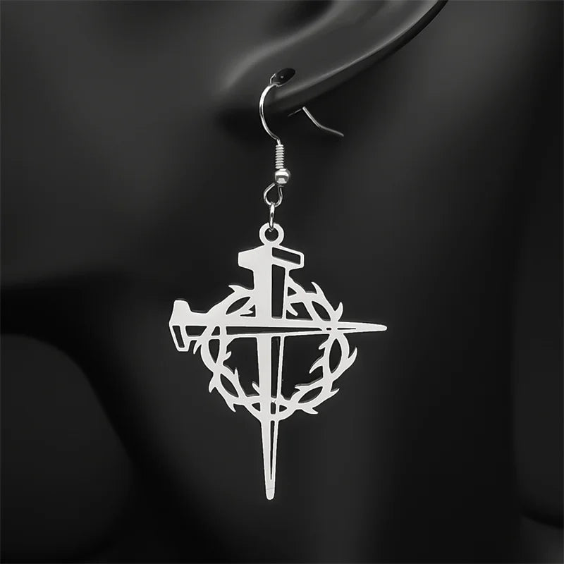Jesus Crown Thorns Silver Earrings Drop Christian