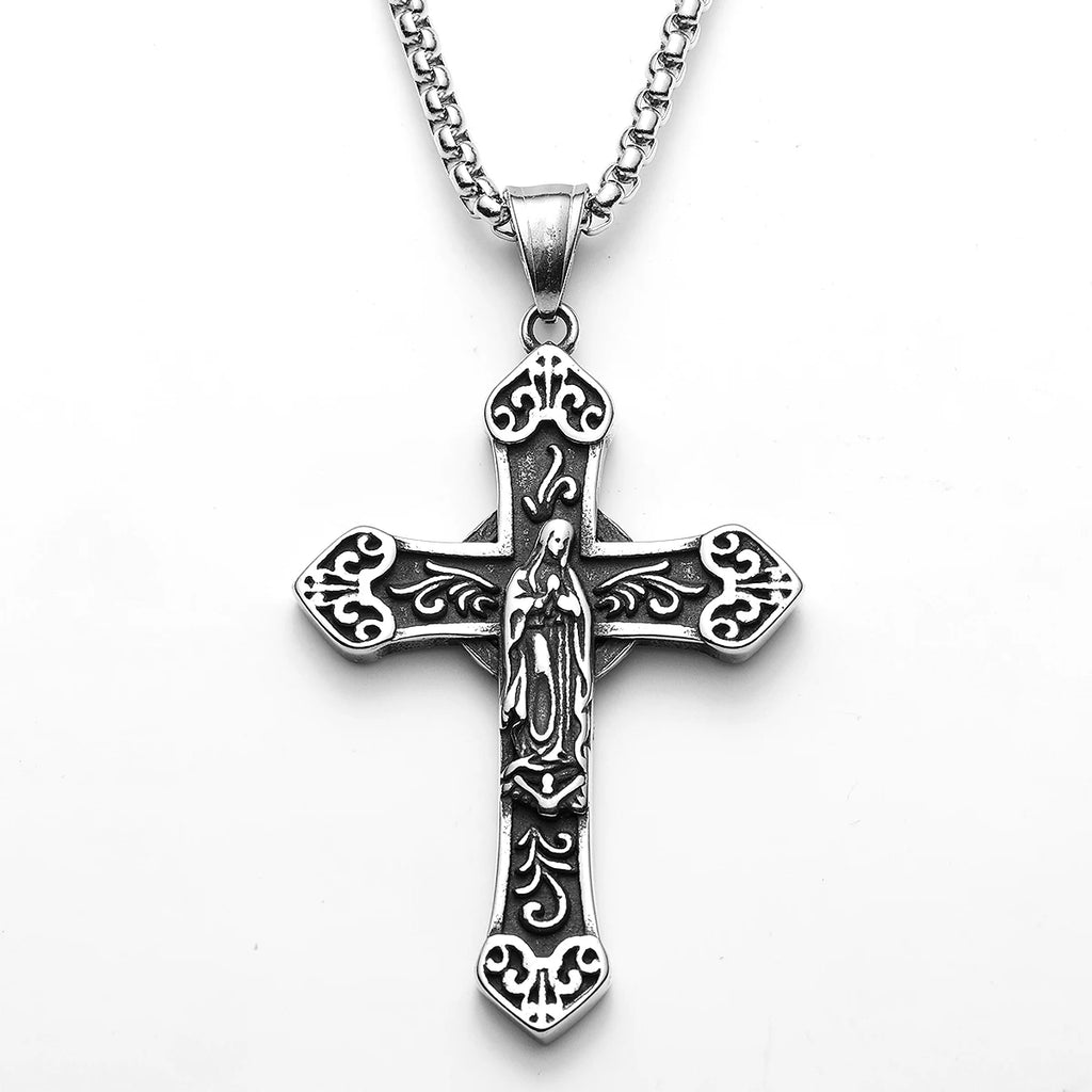 Cross Virgin Mary Pendant Necklace Stainless Steel