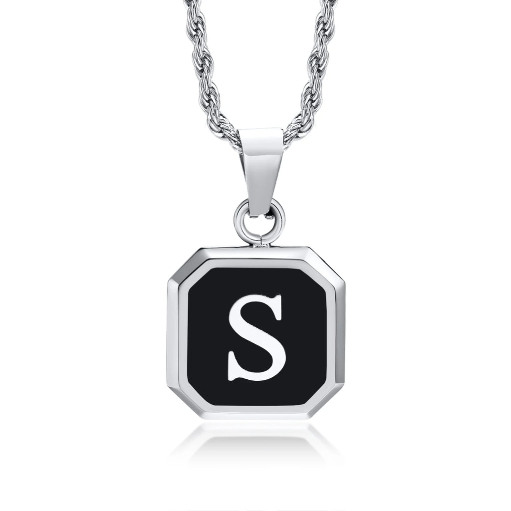 Initials Necklaces for Men Women,A-Z 26 Letters Black Square Stainless Steel Pendant Collar,45-60CM Twisted Rope Chain