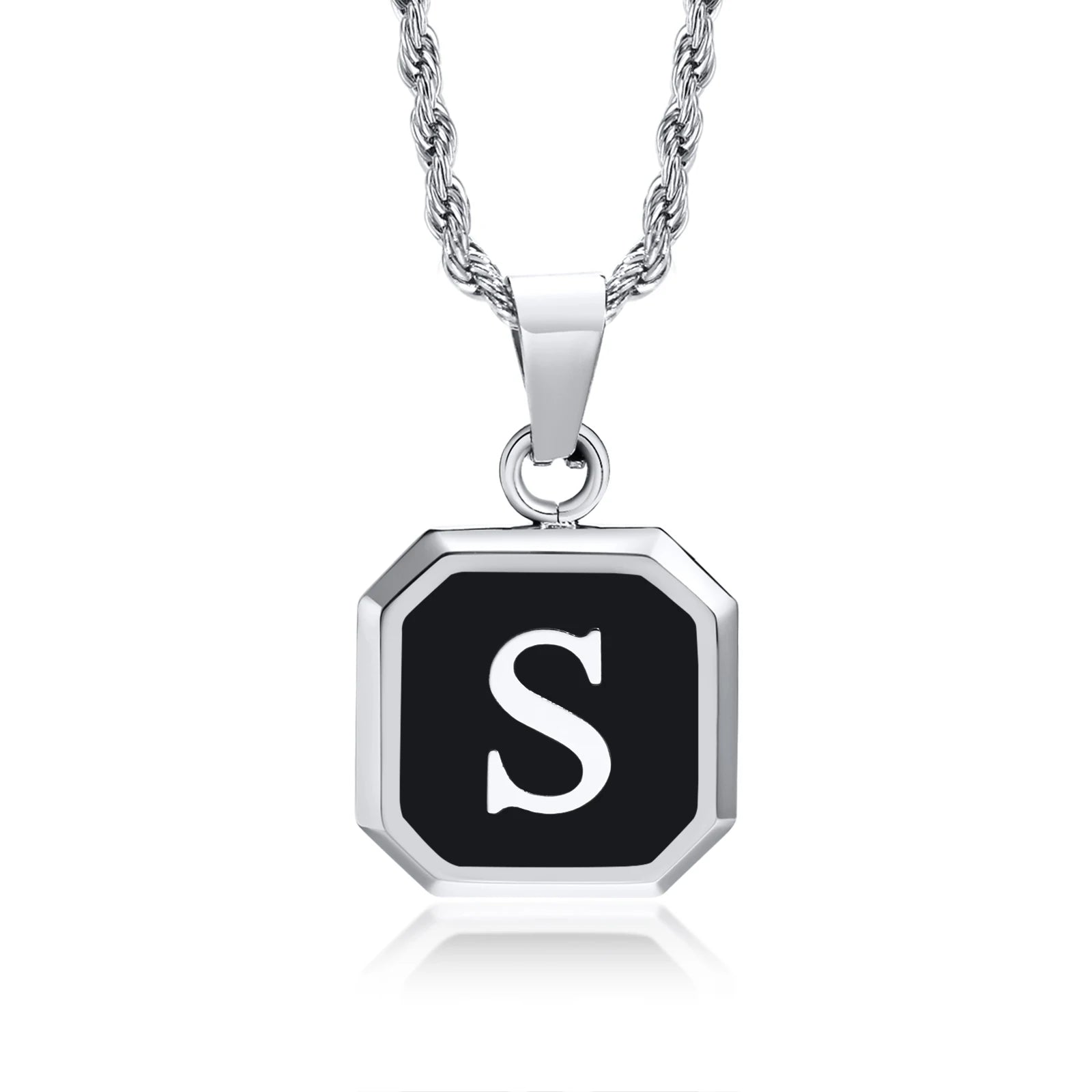 Initials Necklaces for Men Women,A-Z 26 Letters Black Square Stainless Steel Pendant Collar,45-60CM Twisted Rope Chain