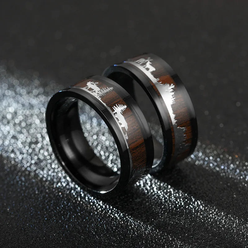 Black Inlaid Wood Grain Elk Christmas Tree Stainless Steel Couple Proposal Ring Animal Fashion Vintage Jewelry Christmas Gift