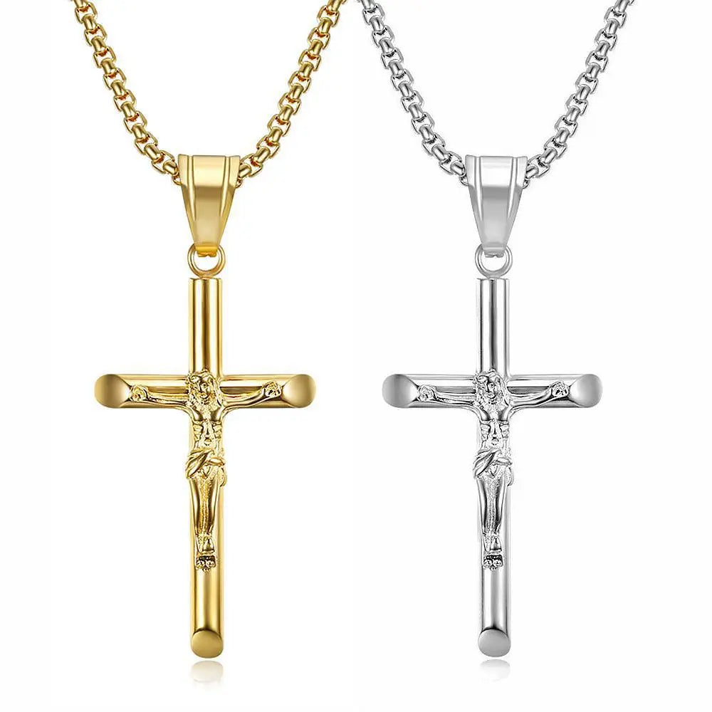 Jesus Cross Pendant Collar Chain Necklace — Stainless Steel