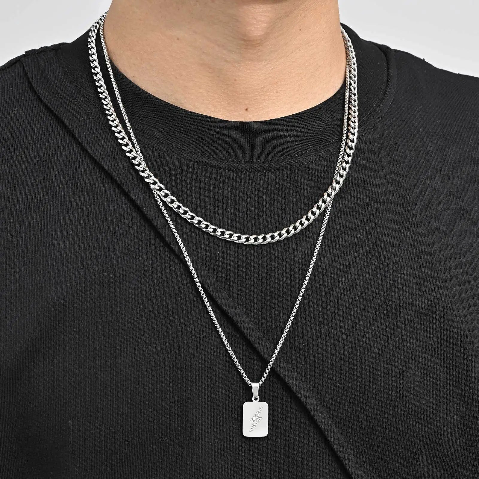 Stylish Men's Layered Necklace,Waterproof Stainless Steel Square Metal Necklace with Mini Zircon,Hip Hop Stacked Collar