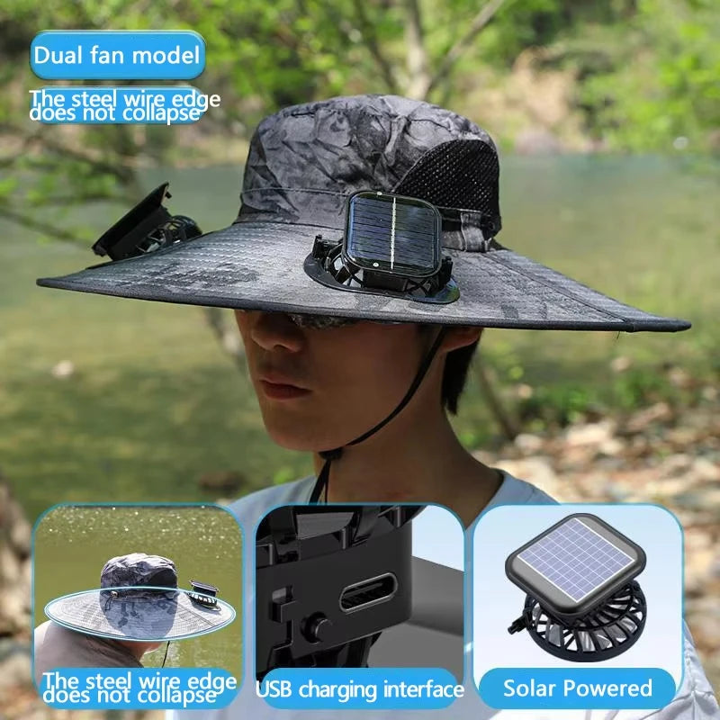 Wide Brim Solar Dual Fan Hat Outdoor Camping Fishing Hat Anti-UV Fan Hat for Men Mountain Climbing Sun Protection
