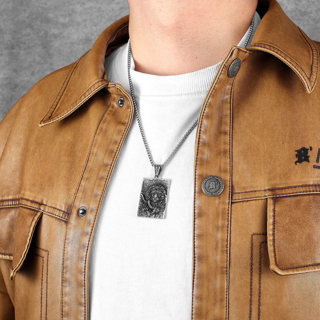 Double Sided Lion Head Men Necklaces Stainless Steel Pendant Chain Dog Tag Vintage Punk Jewelry Male Biker Accessories