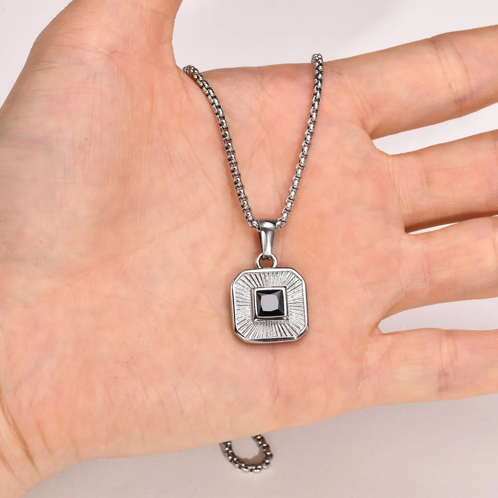 Men's Pendant Necklace,Black Square Zircon Embossing Radiation Sunburst Pendant Collars,Stylish Stainless Steel Jewelry Gifts