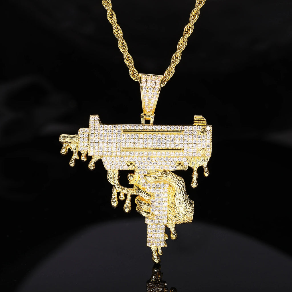 Hip Hop 5A+ CZ Stone Paved Bling Iced Out Gun In Hand Pendants Necklaces for Men Rapper Jewelry Gold Silver Color