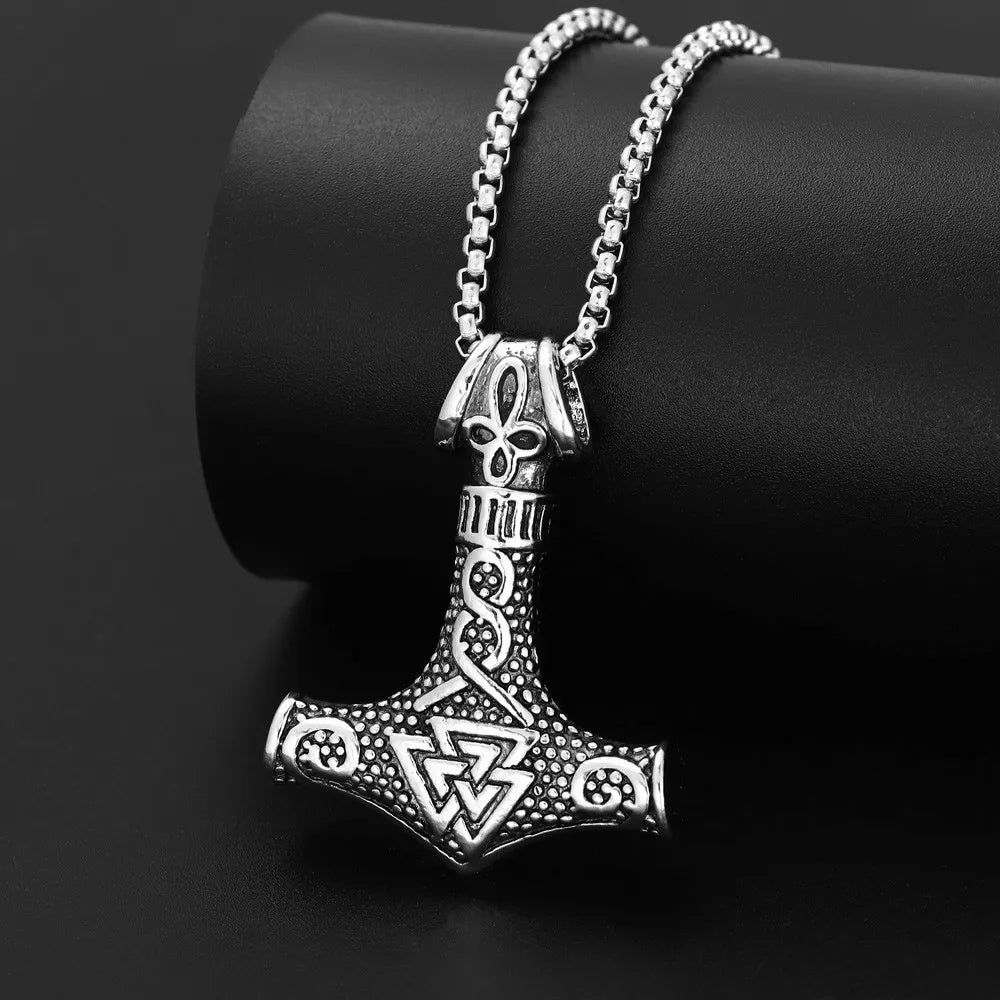 Vintage Viking Animation Style Pendant Necklace Titanium Steel Nordic Thor Hammer Triangle Knot Pendant Men's Necklace