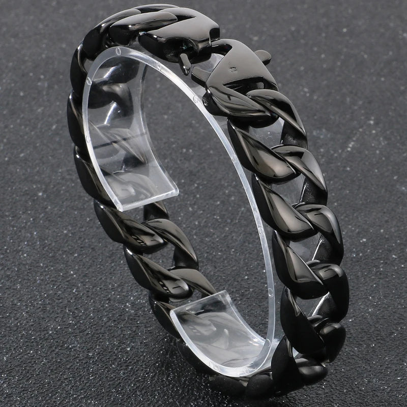 Vintage Black Stainless Steel Bracelet for Man Men's 15MM Wide Curb Link Chain Bracelets Bangles Armband Jewelry