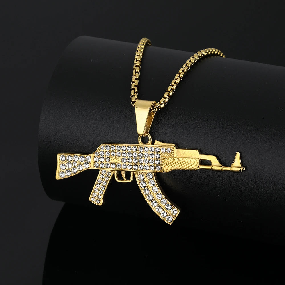 Iced Out AK47 CZ Pendant Necklace — Stainless Steel, Gold-Tone