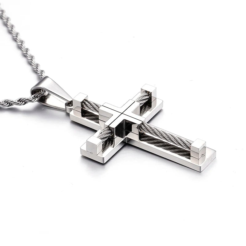 Fongten Stainless Steel Pendant Necklace for Men Multiple Color Cable Cross Twisted Link Chain Male Neck Christian