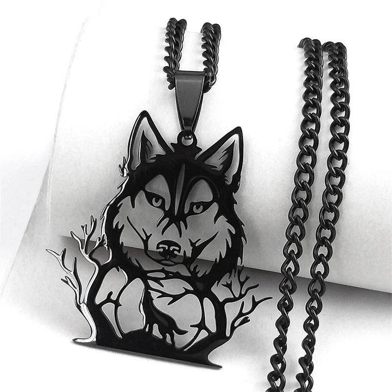 Goth Full Moon Wolf Head Pendant Necklace Women Men Black Color Forest Tree Hollow Animal Necklaces Jewelry Party Gifts