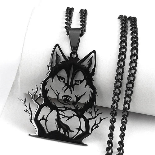 Goth Full Moon Wolf Head Pendant Necklace Women Men Black Color Forest Tree Hollow Animal Necklaces Jewelry Party Gifts