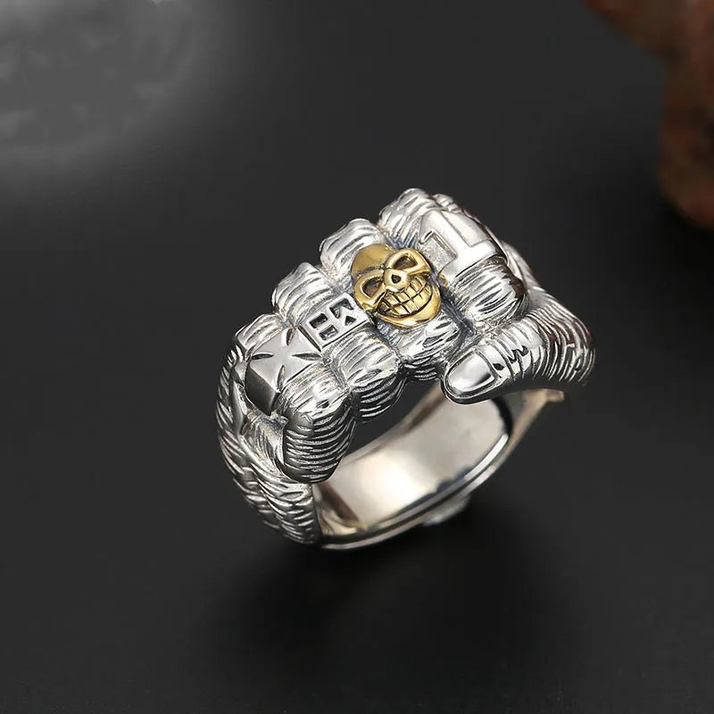 European Style Overbearing Exaggerated Retro Fist Skull 925 Sterling Silver Fashion Personality Opening Rings  TYB228
