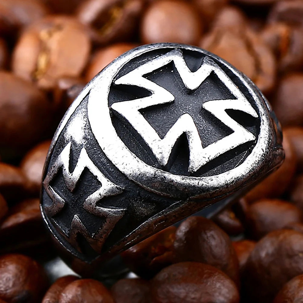 Black Iron Cross Pattern Ring — Stainless Steel