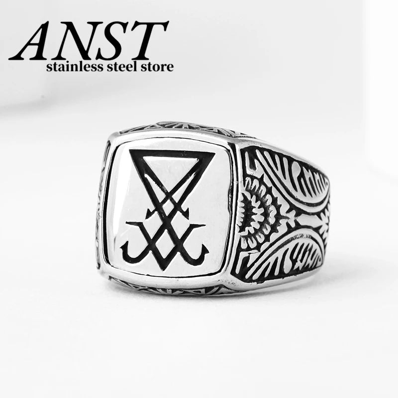 Vintage Sigil Lucifer Rock Ring 316L Stainless Steel Seal of Satan Rings for Men Male Punk Rock Jewelry OSR918