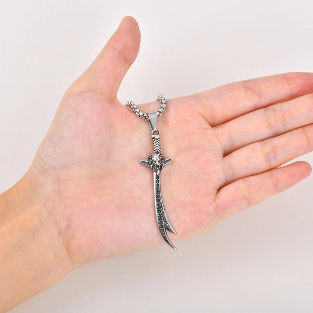 Vnox Mens Stainless Steel Lion Head Scimitar Sword Pendant Necklace, Gothic Black Zircon Box Chain Punk Jewelry Gift for Him