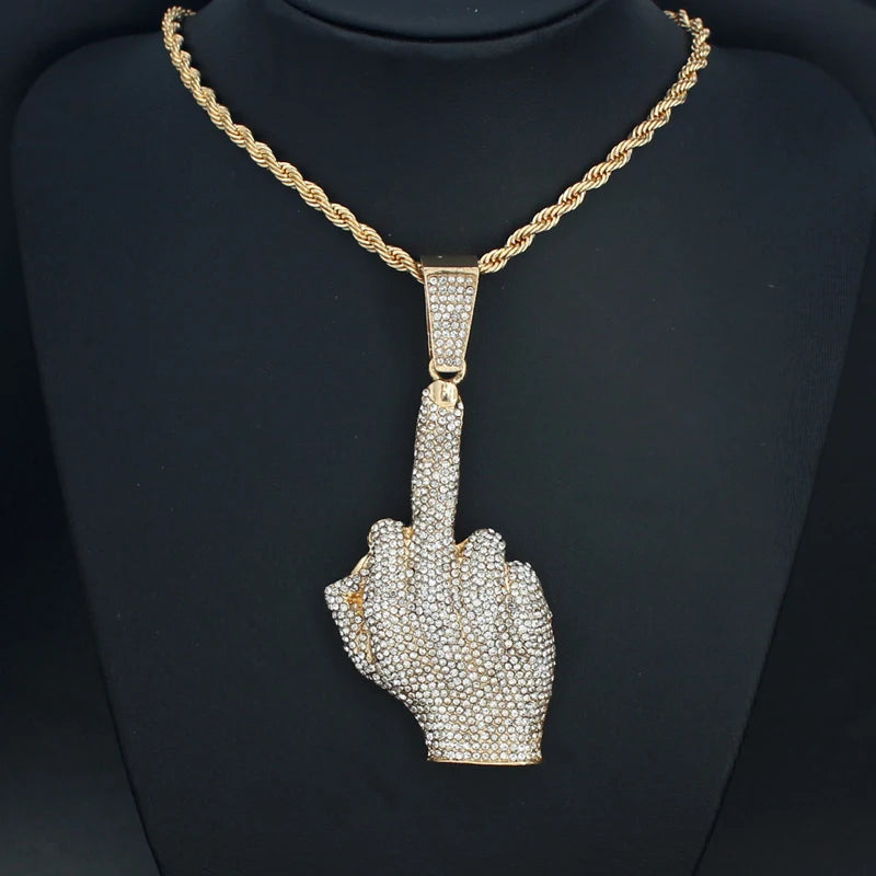 Hip Hop Big Polite Gesture Middle Finger Pendant Necklace with 11mm Crystal Cuban Chain HipHop Iced Out Necklaces Men