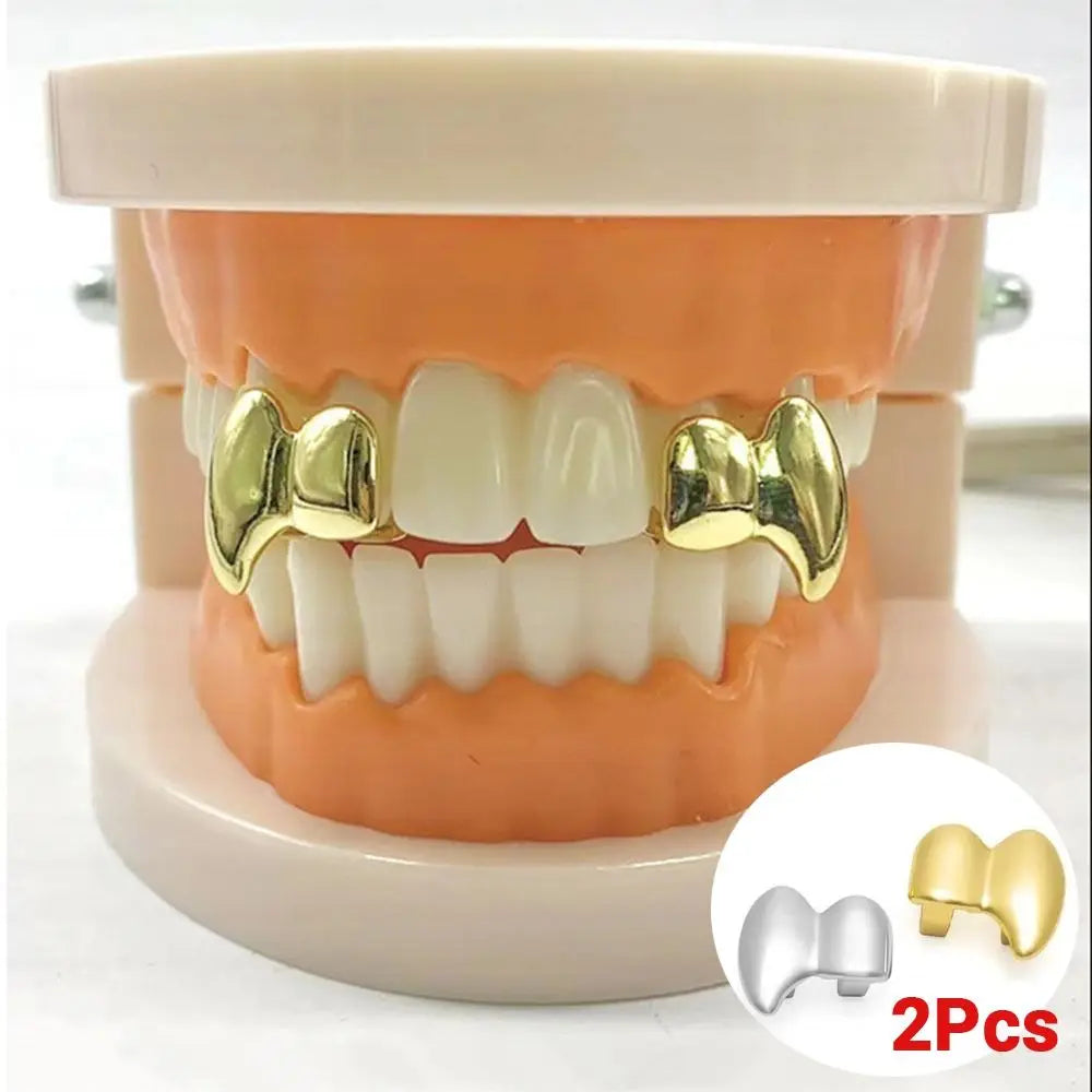 2Pcs/Set Double Glossy Hip-Hop Tooth Grills Halloween Gift Punk Jewelry Tooth Caps Charm Gold Silver Color Mouth Teeth