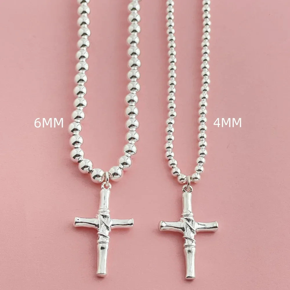 Buddhist Beads Chain Cross Pendant Necklace — Silver-Tone 6mm