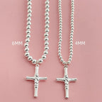 Buddhist Beads Chain Cross Pendant Necklace — Silver-Tone 6mm
