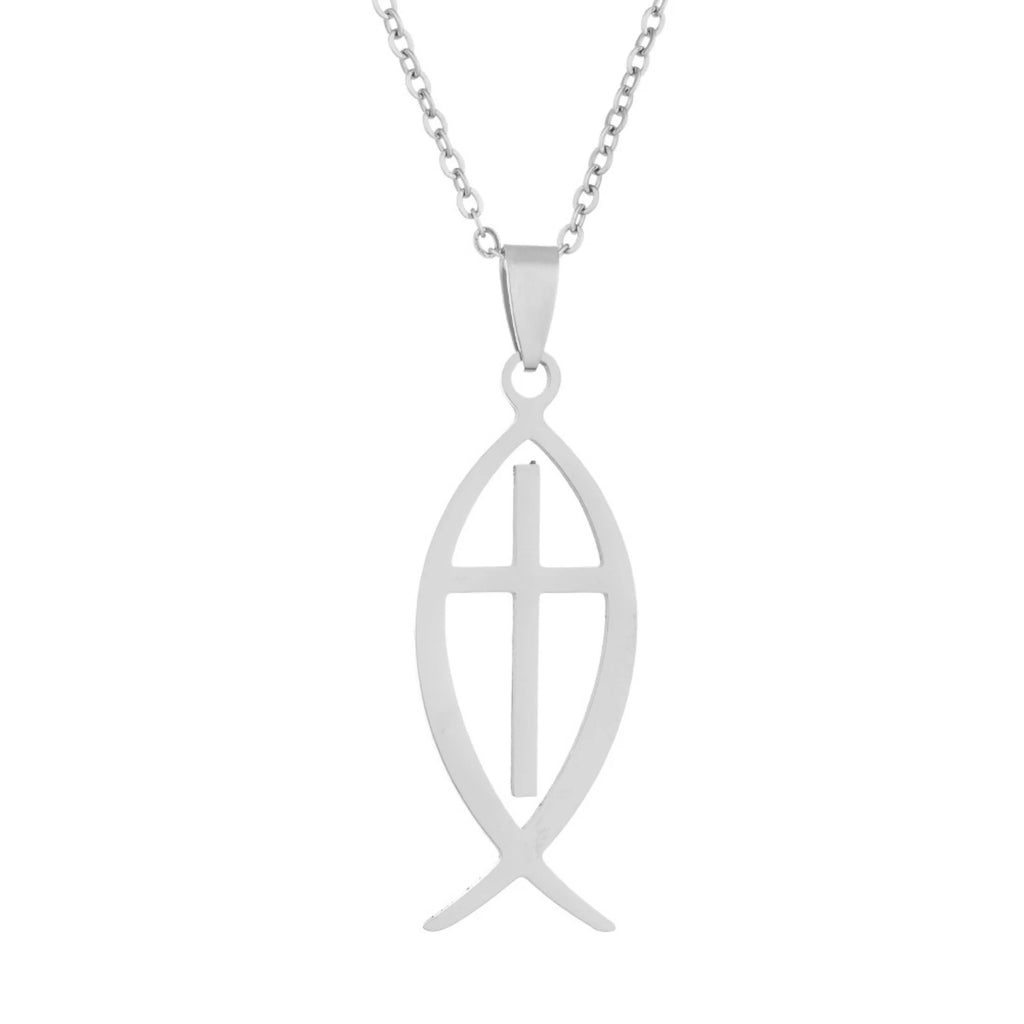 Ichthys Jesus Fish Cross Pendant Necklace — Stainless Steel