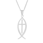 Ichthys Jesus Fish Cross Pendant Necklace for Women Men Stainless Steel Jewelry Accessory