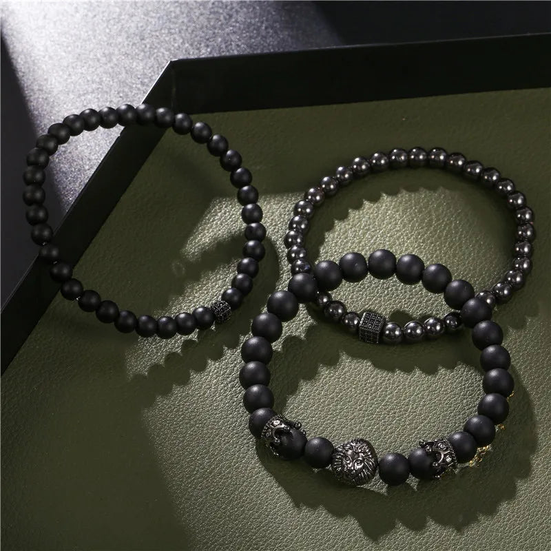 Lion Head Crown Dice Bead Bracelet Set — Black-Tone, 3 Pcs