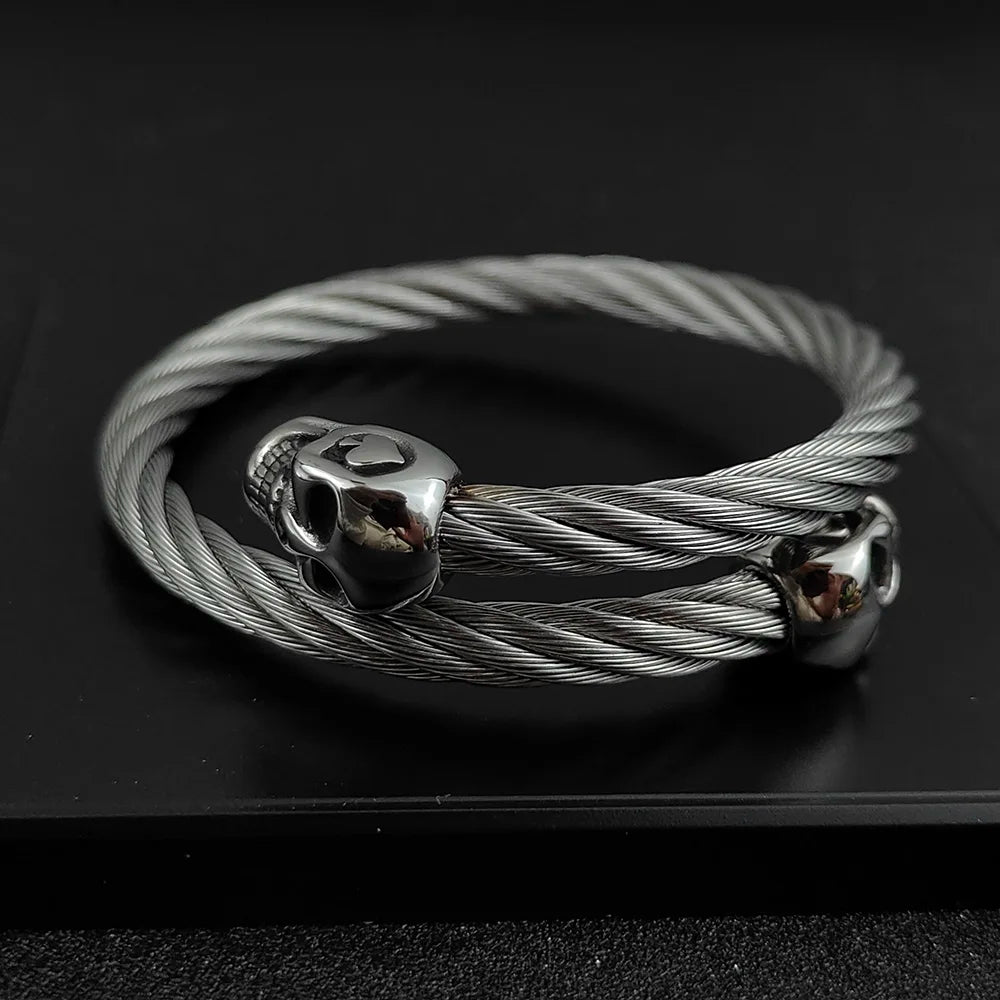 New Fashion Bracelet for Men Double Skull Bangles Open Cuff Bracelets Stainless Steel Braided Wrap Bangle Jewelry Pulsera