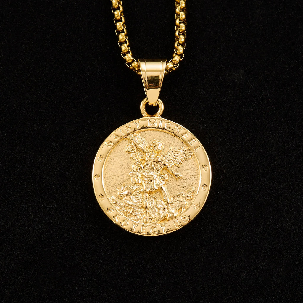 1pc Catholic Angel Michael Gold color round pendant For Men Women Punk 316L Stainless Steel Knight Saint Michael Jewelry Gifts