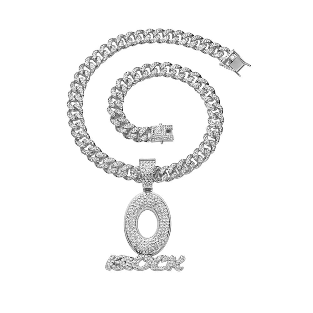 Trendy Hip Hop Letter Charm Letter O Block Pendant Necklace For Women Men Bling Iced Out Cuban Chain Necklaces Charm