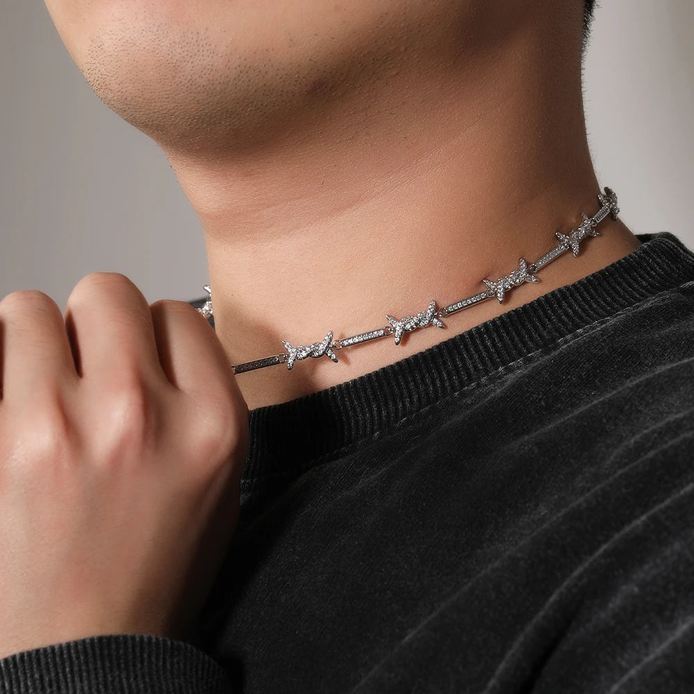 THE BLING KING 3mm Thin Iced Barbed Wire Necklace Micro Paved Cubic Zirconia Punk Twist Spiked Thorns Charm Link Chain Choker