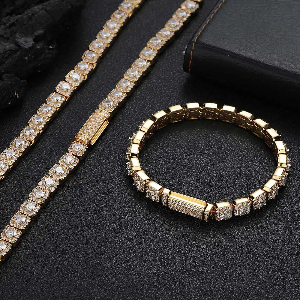Gold Tennis Bracelet Iced Out 7MM Cluster