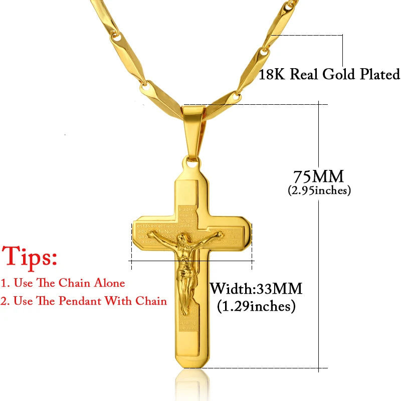 Religious Bible Jesus Cross Pendant Male Gold Color Stainless Steel Chain Crucifix Necklace For Men Christian Jewelry