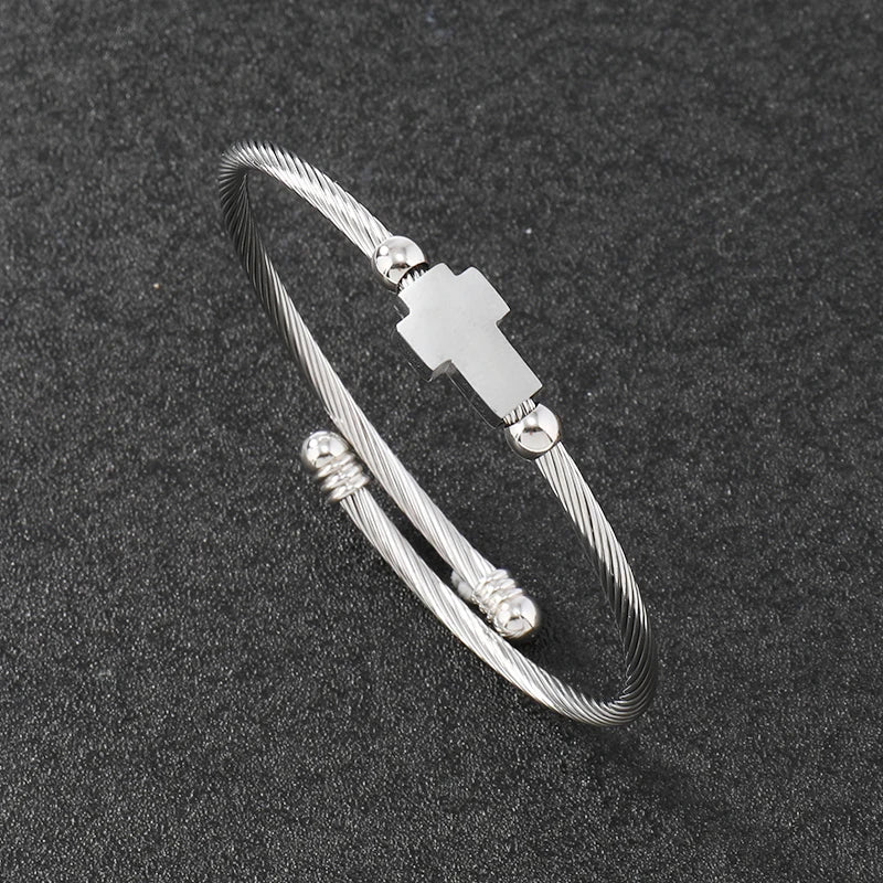 Luxury Stainless Steel Cross Carving Spanish Scripture Man Bracelets For Women Jewelry Couple Gifts