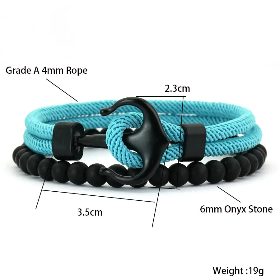 Stylish 2Pcs Men Anchor Bracelet Set Grade A 4mm Cord Sweat Wicking Sports Wrist Accessories Perfect Gift For Him