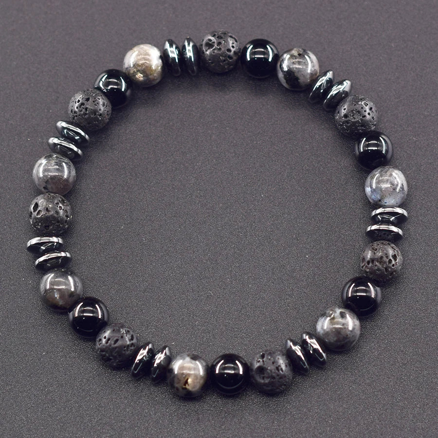 Classic Black Natural Labradorite Volcanic Stone Round Bead Bracelet Health Protection Wealth Luck Accessory Men 팔찌
