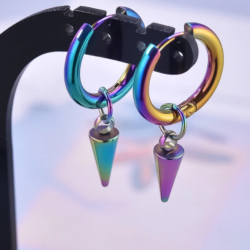 Spike Cone Drop Huggie Hoop Earrings for Men — Stainless Steel