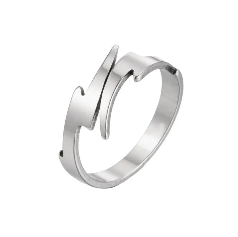Minimalist Lightning Bolt Open Ring — Adjustable Geometric Glossy
