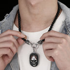 Men's Steampunk CZ Skull Face Head Pendant Necklace For Man 8MM Width 50CM Long Agate Stone Beads Chain Stainless Steel