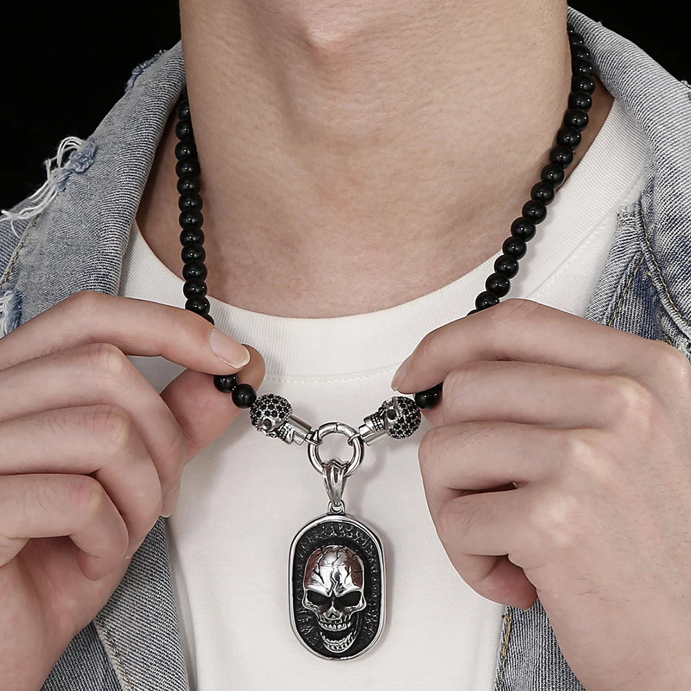 Men's Steampunk CZ Skull Face Head Pendant Necklace For Man 8MM Width 50CM Long Agate Stone Beads Chain Stainless Steel