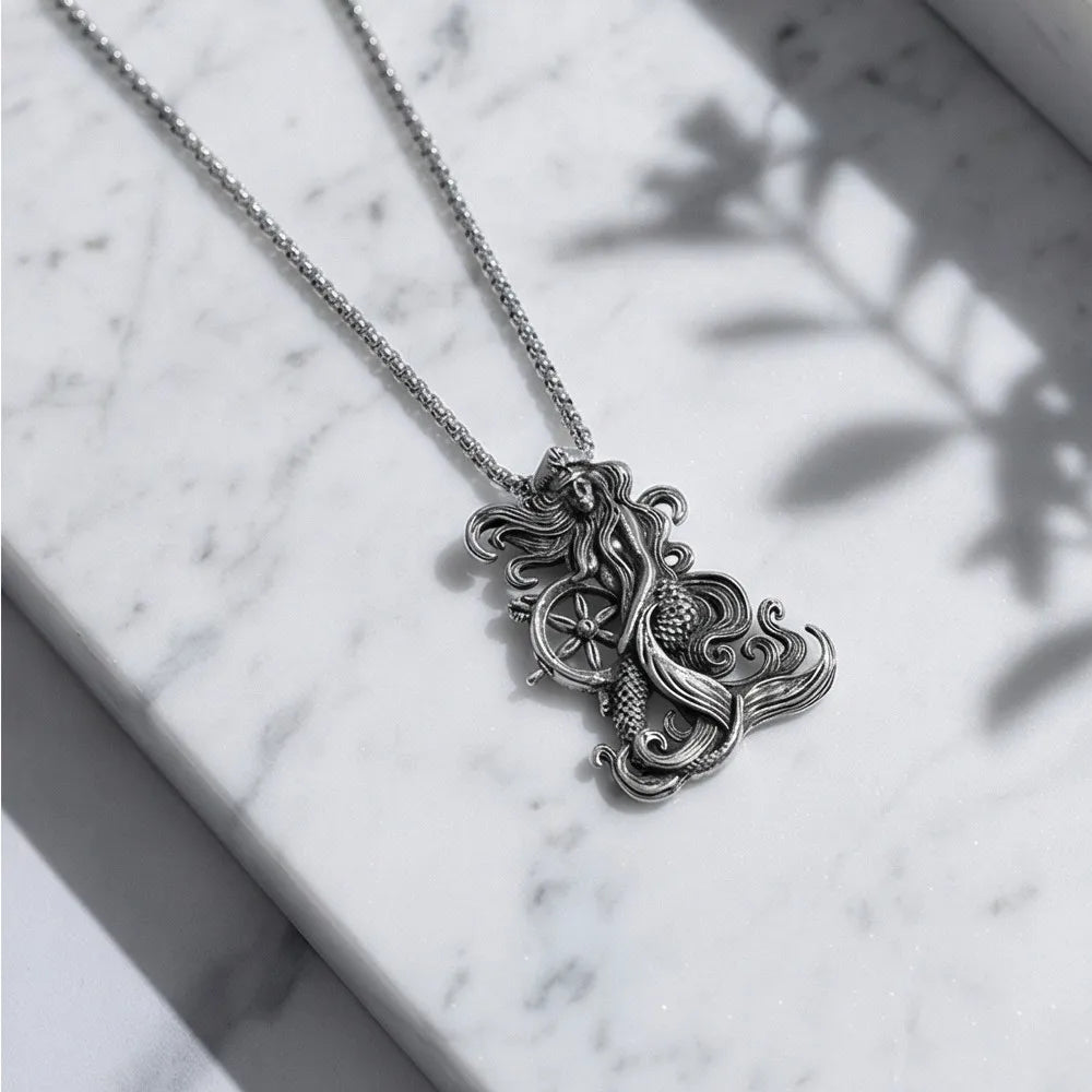 Silver Mermaid Pendant Necklace Stainless Steel