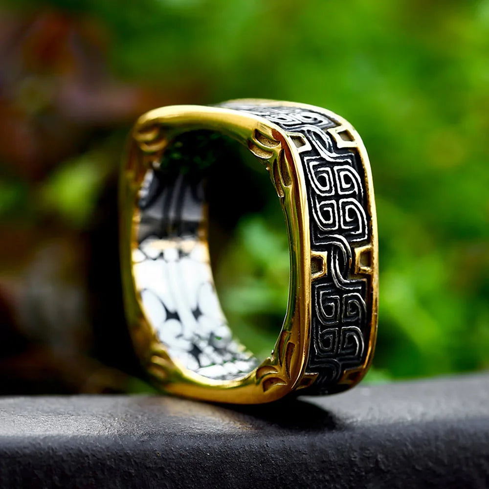 Viking Steel Ring Vintage Square Embossed Pattern
