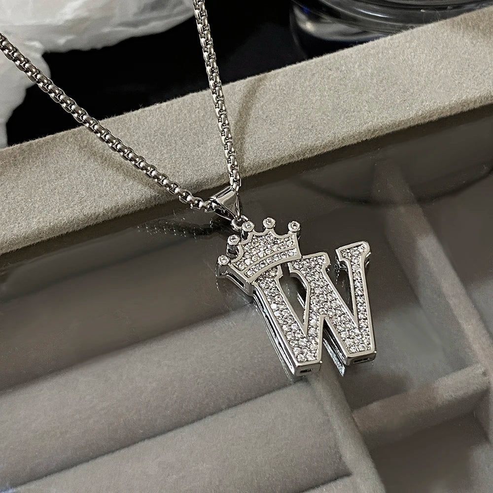 Freetry 26 Letters A-Z Zircon Crown Pendant Necklace for Women Men Punk Initial Alphabet Necklaces Hip Hop Choker Chain