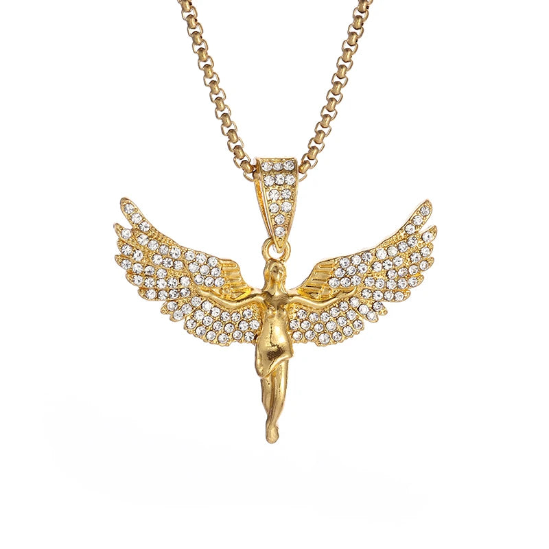 Iced Out Angel Wings Pendant Necklace — Gold