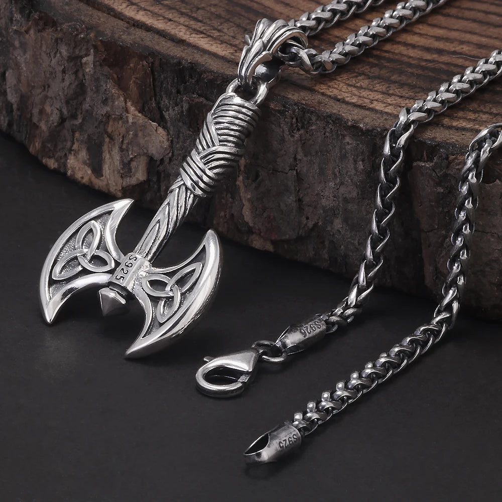 Viking Double Axe Silver Warrior Pendant Necklace