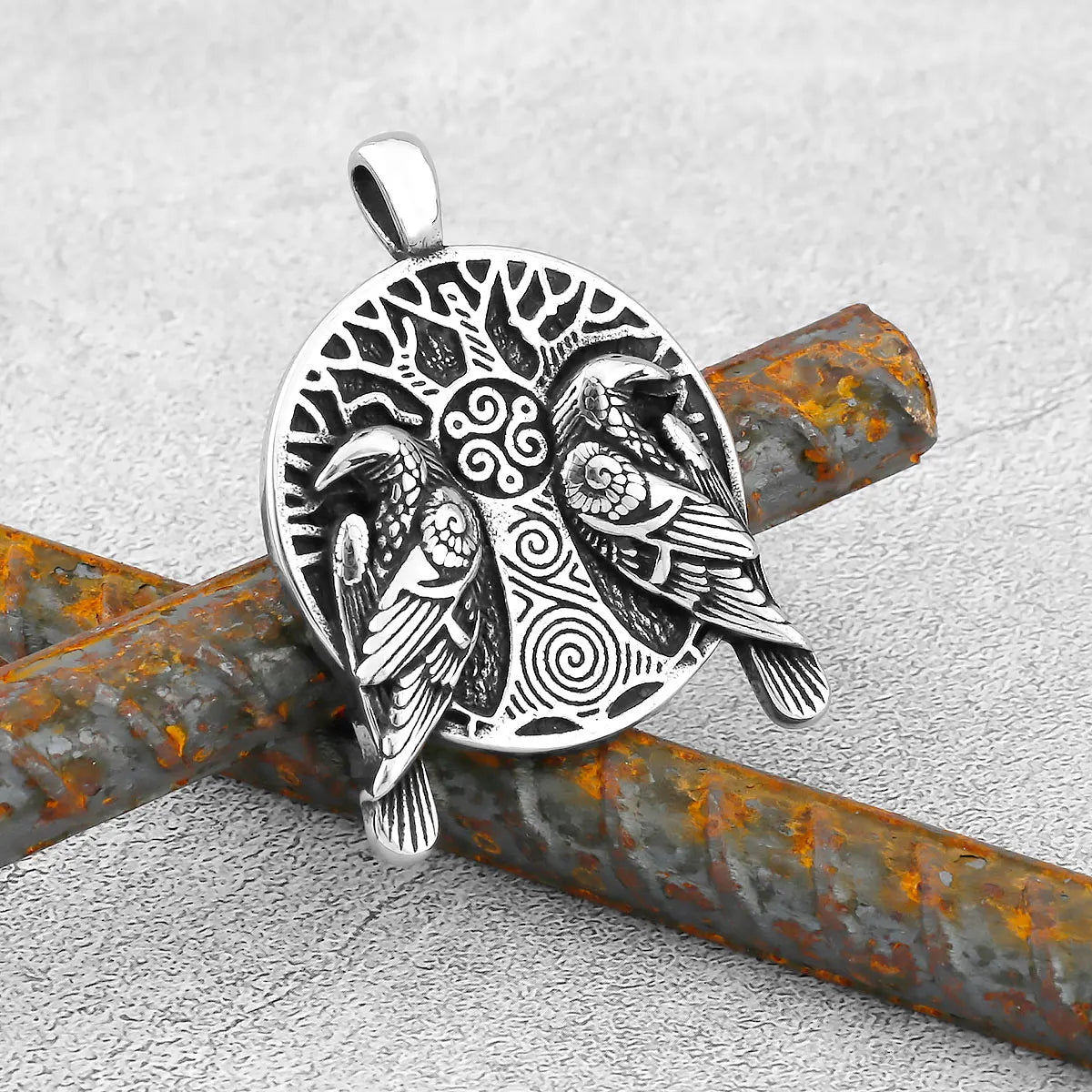 Nordic Odin Crow Skull Pendant Necklace Gothic Stainless Steel Raven Skull Compass Rune Necklace for Men Punk Jewelry