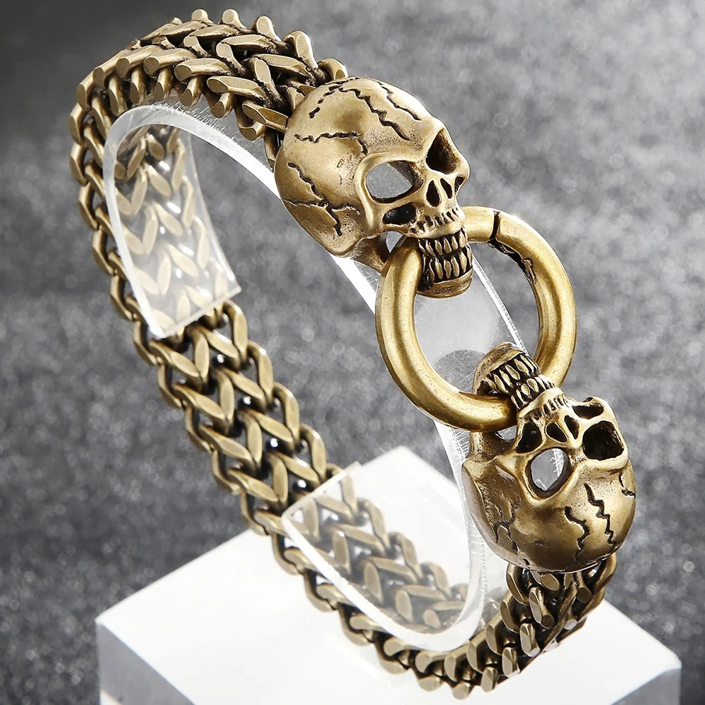 Vintage Men's Punk Skull Bracelet for Man Waterproof Ancient Gold Color Stainless Steel Gothic Chain Biker Skeleton