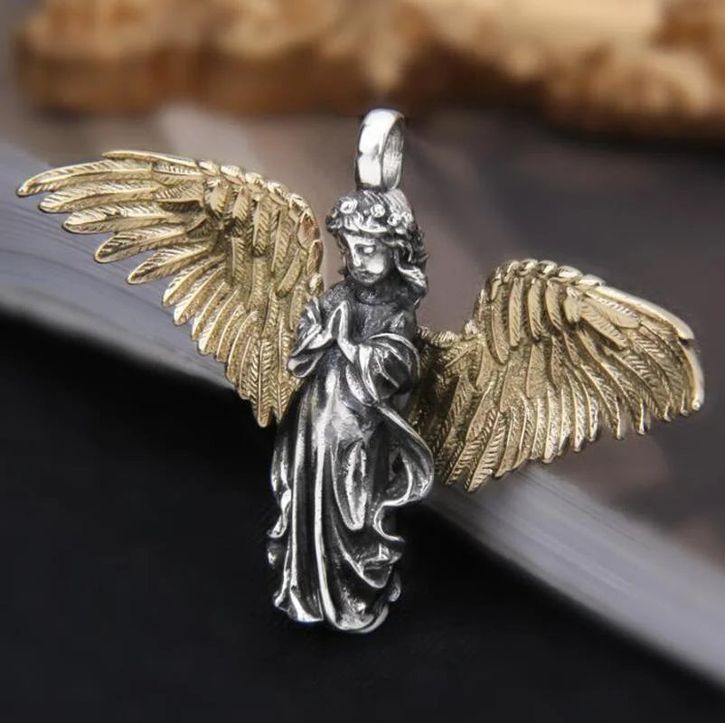 Vintage Distressed Angel Wings Pendant Necklace — Two-Tone