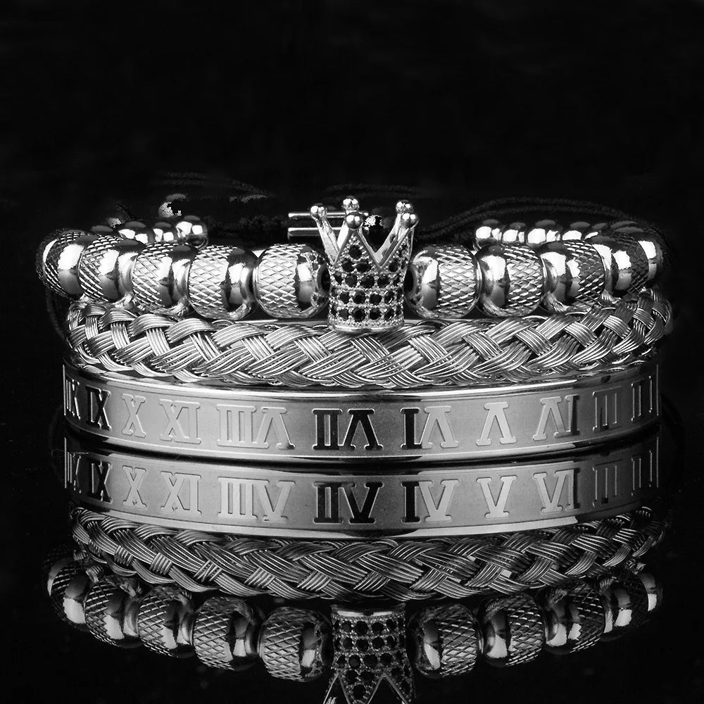 3pcs/Set Luxury Royal CZ King Crown Men Bracelets Roman Numeral Braided Adjustable Pulseira